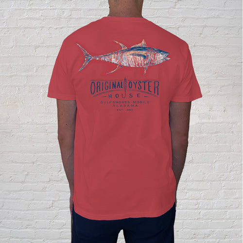 Back design of tshirt - Yellowfin Crimson celebrates the recreational fishermen who enjoys fighting hard to catch this fish, that can weigh in at nearly 400 pounds.  This limited edition, collectible t-shirt features the front pocket design branded with the Original Oyster House..