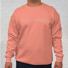 Load image into Gallery viewer, Front: A popular beach product includes our Gulf Shores imprinted on a long sleeve, super-soft, Comfort Color sweatshirt. The back of the sweatshirt is branded with the Original Oyster House logo.  Each Terracotta Comfort Color crewneck sweatshirt is made of 100% ring-spun cotton. The dye process enhances its spectacular color while being extremely comfortable.
